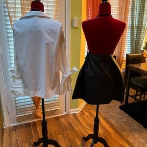 Faux leather skirt/ white bow tie sleeve blouse